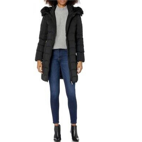 Calvin Klein Down Quilted Faux Fur Trim Black Hooded Puffer Coat